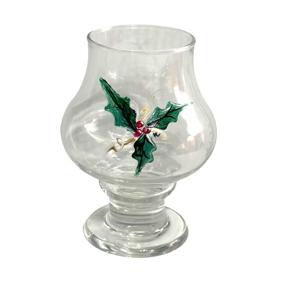 NWOT Hand painted signed holly hurricane glass votive candle holder holidays